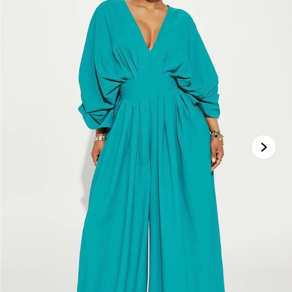 Fashion Nova Turquoise V-Neck shout it out jumpsuit